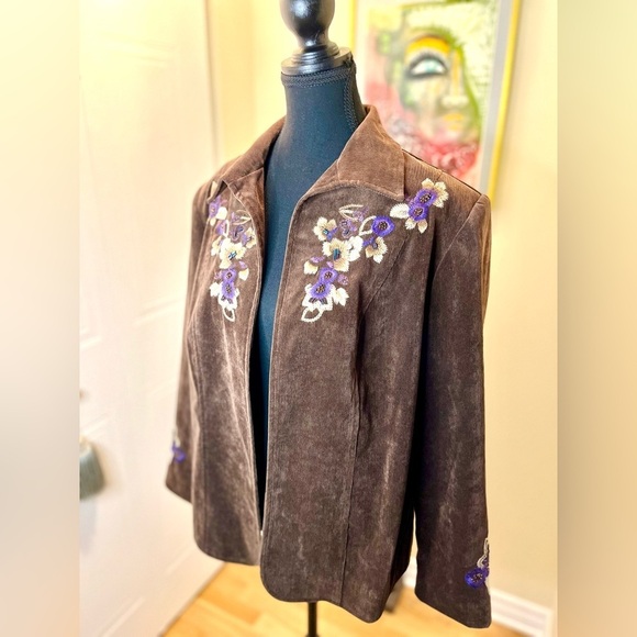 Vintage TanJay Brown embroidered beaded floral corduroy lined open front jacket - Picture 3 of 9